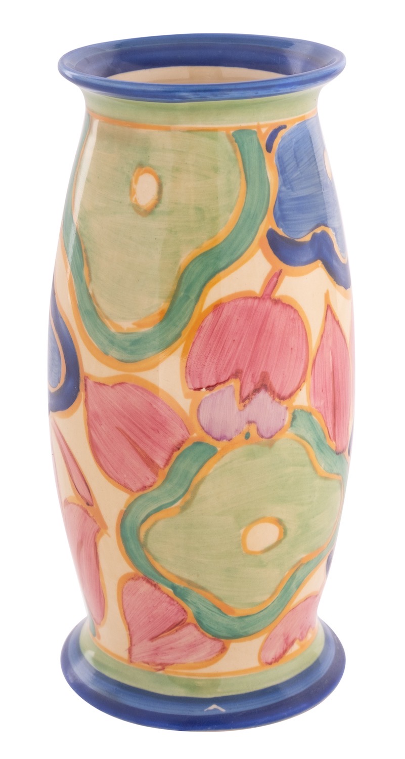 A Clarice Cliff cauldron and vase, the former decorated in the Blue Taormina pattern,