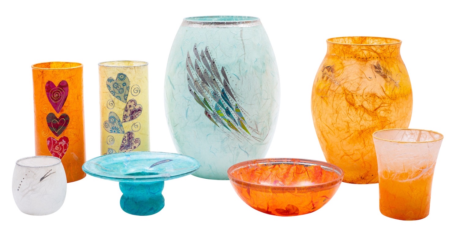 Margaret Johnson [Contemporary] six glass vases a bowl and a night light,