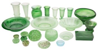 A group of Davidson pressed Green and Green Cloud glass, comprising three pedestal vases,