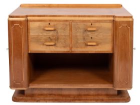 An Art Deco figured walnut inverted breakfront side cabinet,