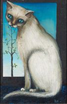 British School (20th Century) White cat on a window pane Oil on board 39 x 25cm Signed 'Ropp' and