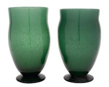 Two Whitefriars green cloudy glass footed vases, pattern no.