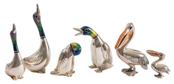 A set of six silver and enamel miniature birds, Saturno Italy, late 20th century,