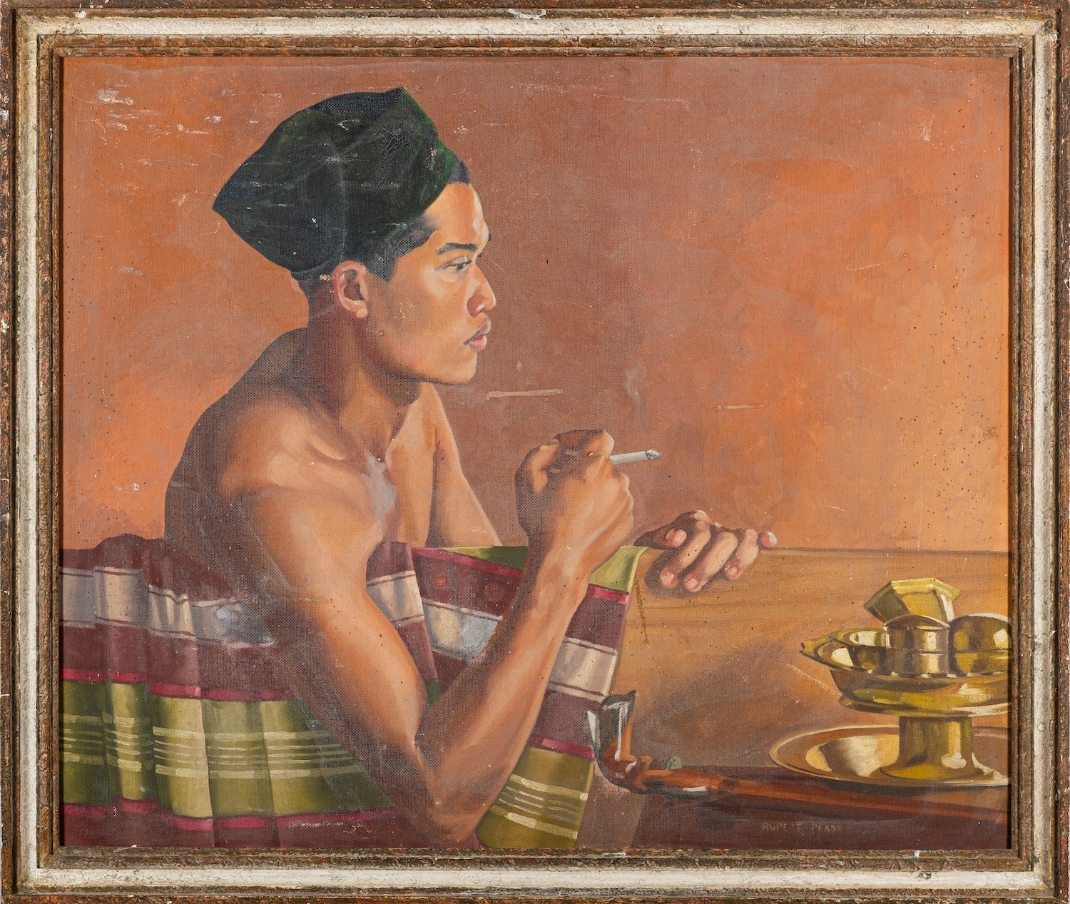 Rupert Pease (British 1906 - 1945) Seated man smoking at a table with brass vessels Oil on - Image 2 of 3