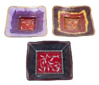 Margaret Johnson [Contemporary] three glass dishes of square form decorated with silk straw,