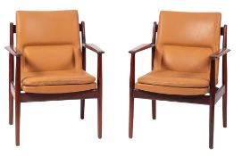 A pair of Danish rosewood and upholstered open armchairs, by Arne Vodder for Sibast Furniture,