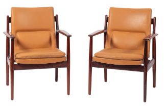 A pair of Danish rosewood and upholstered open armchairs, by Arne Vodder for Sibast Furniture,