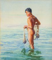 Rupert Pease (British 1906 - 1945) A naked fisherman in shallow waters Watercolour 35.