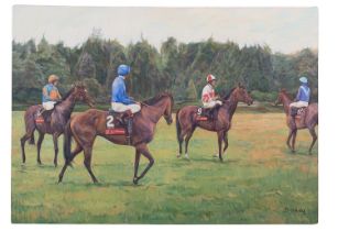 L. Brooksby (British, Contemporary) Racehorses Oil on canvas 66 x 92.