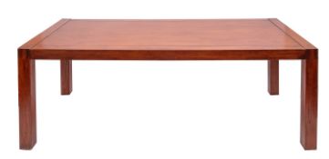 A modern teak dining table, in three parts, the rectangular top on square section legs, 78cm high,