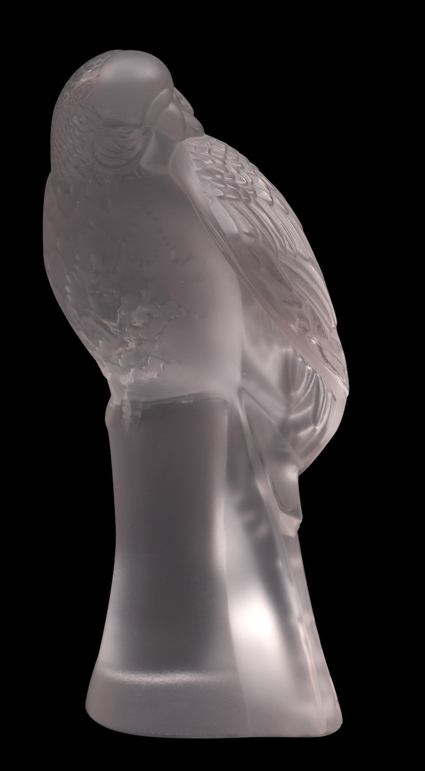 A Lalique Cristal figure 'Perruches', diamond point etched Lalique France, 15cm high.