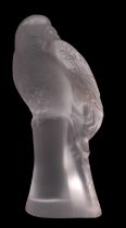 A Lalique Cristal figure 'Perruches', diamond point etched Lalique France, 15cm high.