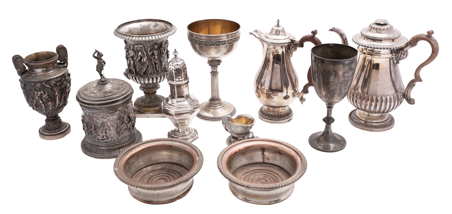 A group of 19th century silver plate including an Old Sheffield plate campagna urn stamped H&A 68,