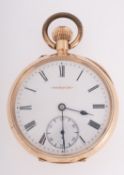 Meridian, a 10ct gold open-faced pocket watch the dial having a subsidiary seconds dial,