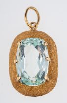 An aquamarine pendant the rectangular stone with rounded corners, weighing approximately 14 carats,