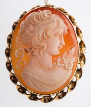 A portrait shell cameo brooch in 9ct gold mount.