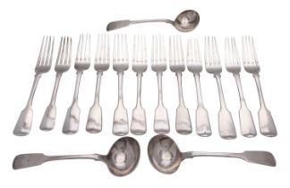 Nine William IV silver Fiddle pattern table forks and three sauce ladles by William Eaton,