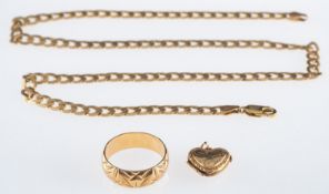 A Group of gold jewellery, a wedding band with flower head and leaf design in relief ring size S,