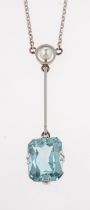 An aquamarine and pearl pendant, the rectangular cut aquamarine claw set below a seed pearl,