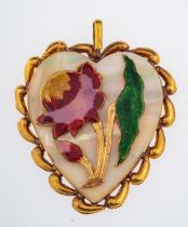 A gold heart form pendant with enamelled floral decoration on a mother of pearl ground, 5.