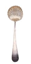 A George III silver Old English bright-cut shell bowl soup ladle, maker's mark poorly struck (T..