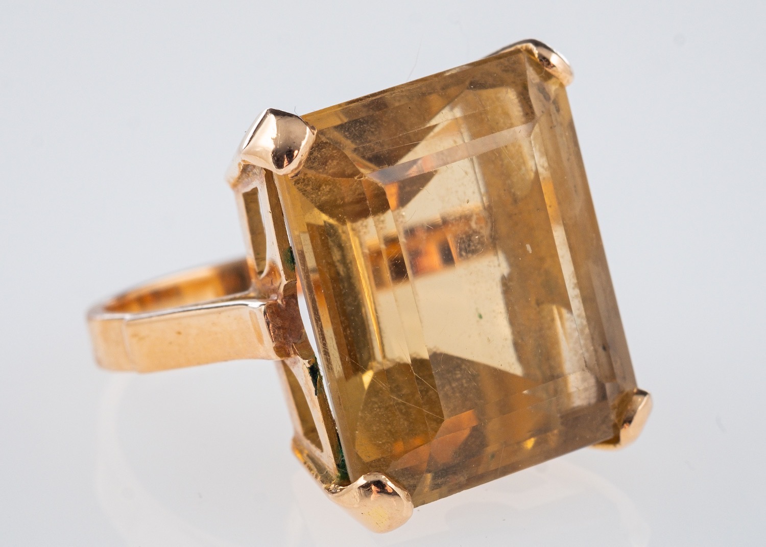 A vintage dress ring set with a large smoky yellow citrine stone, ring size G, 14ct gold,