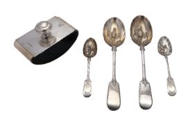 Two pairs of silver parcel gilt Fiddle pattern 'berry' spoons, one pair converted from tablespoons,