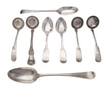 Four various Scottish silver toddy ladles, two table and two dessert spoons,