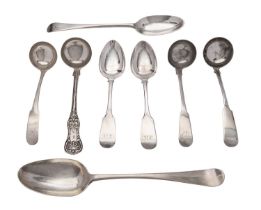 Four various Scottish silver toddy ladles, two table and two dessert spoons,