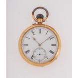 An 18k gold open-faced pocket watch the white enamel dial with black Roman numerals,