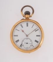 An 18k gold open-faced pocket watch the white enamel dial with black Roman numerals,