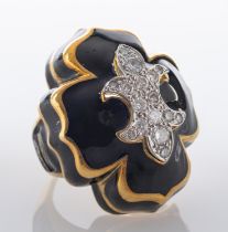 A Chrome Hearts style black enamel and round, brilliant-cut diamond ring, with a fleur de lys motif,