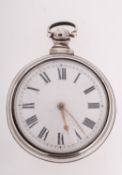 A silver pair cased pocket watch the white enamel dial with black Roman numerals and gold hands,