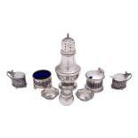 A collection of small silverwares, including: a vase shape sugar caster by Joseph Gloster Ltd,
