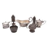 A collection of silver condiments, to include: a mustard pot by Hilliard & Thomason,