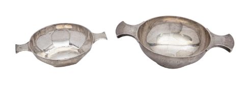Two silver quaiches, the larger by Mappin & Webb, Sheffield 1937, engraved Peter, 16.