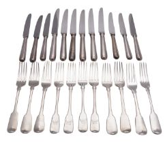 Nine matched silver Fiddle pattern table forks, various dates and makers,