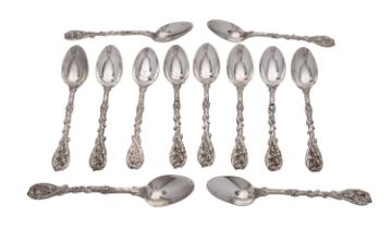 An unusual set of twelve Victorian Scottish silver cast handled teaspoons by A. G.