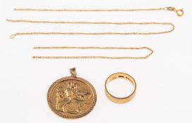 A group of gold jewellery St Christopher pendant, stamped 375 with Birmingham hallmarks, 2.