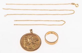 A group of gold jewellery St Christopher pendant, stamped 375 with Birmingham hallmarks, 2.