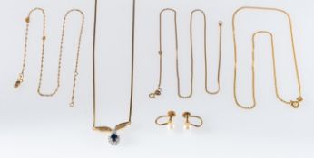 A sapphire and diamond set pendant necklace, a pair of pearl earrings with screw fastening,