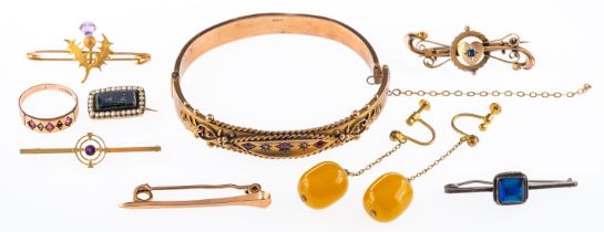 A group of antique jewellery,rose gold bracelet with paste stones, similar ring,