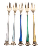 A set of five Danish silver gilt and coloured enamel oyster forks by Egon Lauridsen (1936-66),