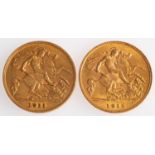 WITHDRAWN Two gold George V half sovereigns, 1911 and 1915,
