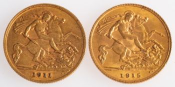 WITHDRAWN Two gold George V half sovereigns, 1911 and 1915,