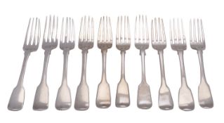 A matched group of ten silver Fiddle pattern dessert forks, various dates and makers, all Exeter,