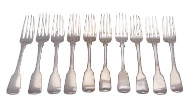 A matched group of ten silver Fiddle pattern dessert forks, various dates and makers, all Exeter,