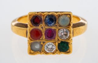 Nine Planet Indian Naba Graha ring set with nine gemstones representing the influence of the