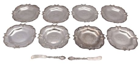 A set of eight American silver side plates by Gorham, Rhode Island 1899, of rounded square shape,