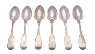 A set of six Victorian silver Fiddle pattern dessert spoons, unknown maker S.